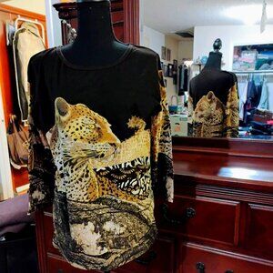Brown Long Sleeve Cotton Scoop Neck Top with Animal Print & Sequins